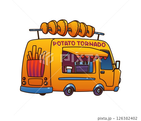 Potato tornado food truck car, festival street foodtruck van. Cartoon yellow wheeled retro cafe with a giant spiral fries skewer on top. Vector vehicle booth features an open cooking area and a awning Potato tornado food truck car, festival street foodtruck van. Cartoon yellow wheeled retro cafe with a giant spiral fries skewer on top. Vector vehicle booth features an open cooking area and a awning 126382402