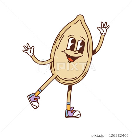 Cartoon groovy pumpkin seed character happily dancing with cheerful and playful hands up gesture, exuding happiness and healthy y2k vibe. Isolated vector retro food personage promotes natural eating Cartoon groovy pumpkin seed character happily dancing with cheerful and playful hands up gesture, exuding happiness and healthy y2k vibe. Isolated vector retro food personage promotes natural eating 126382403