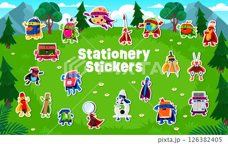 Cartoon superhero education stationery characters stickers pack. Vector set of notebook, pencil, ruler, marker, eraser and compass. Scissor, chalkboard, glue, globe, sharpener, magnifier with backpack 126382405