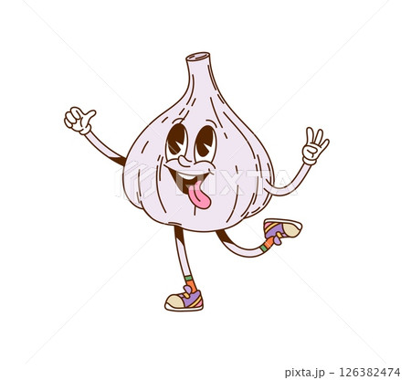 Groovy garlic vegetable character with funny silly face, vector comic personage. Groovy garlic bulb in retro cartoon with crazy smile and freaky tongue out with cool thumb up gesture for food emoji Groovy garlic vegetable character with funny silly face, vector comic personage. Groovy garlic bulb in retro cartoon with crazy smile and freaky tongue out with cool thumb up gesture for food emoji 126382474