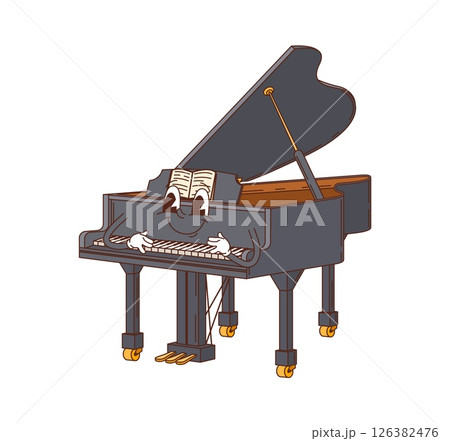 Cartoon grand piano groovy musical instrument character. Isolated vector retro y2k personage with smiling face and notes sheet playing on itself promotes educational music classes or musician store Cartoon grand piano groovy musical instrument character. Isolated vector retro y2k personage with smiling face and notes sheet playing on itself promotes educational music classes or musician store 126382476