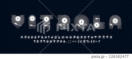 Music dj sound font, musical typeface letters, gramophone type, vinyl record alphabet vector typography. English abc letters and numbers font of retro vinyl records and dj music sound mixer silhouette 126382477