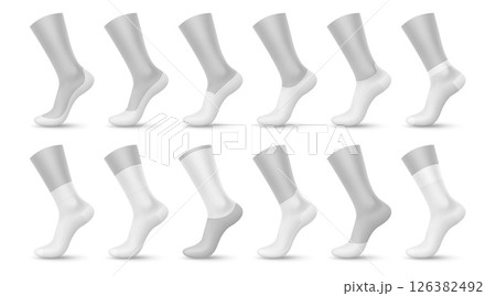 Realistic white woman socks for mockup templates of footwear textile, isolated vector set. Blank white sport socks with elastic ankle, high long or middle low and short socks on woman foot mannequin 126382492