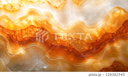 縞模様が美しい金色の瑪瑙の断面のようなテクスチャの背景 126382543