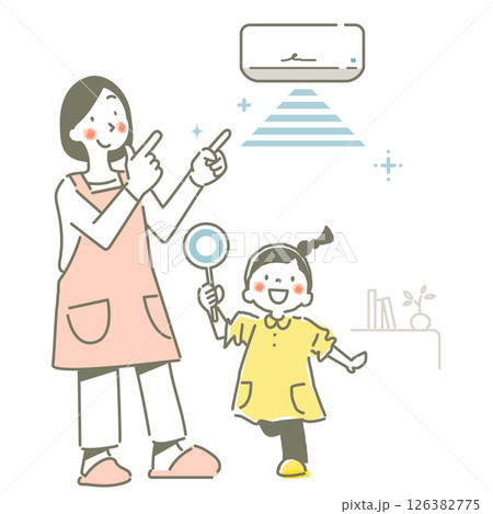 エアコンで快適に過ごすお母さんと女の子　シンプルでかわいい線画イラスト 126382775