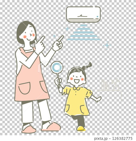 エアコンで快適に過ごすお母さんと女の子　シンプルでかわいい線画イラスト 126382775