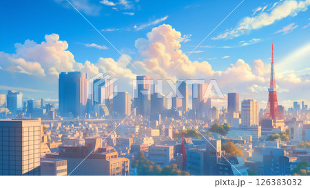 東京タワーとオフィス街の風景、アニメ風 126383032