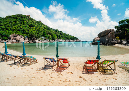Beach and beach chairs for relaxing on Nang Yuan Island Beach and beach chairs for relaxing on Nang Yuan Island 126383209