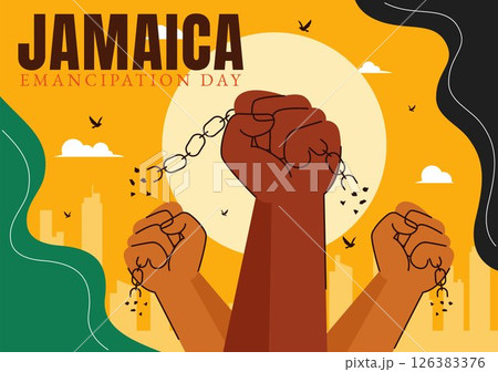 Vector Illustration of Jamaica Emancipation Day on August 1st featuring a Waving Flag and Broken Hand Chain to Commemorate the National Holiday Vector Illustration of Jamaica Emancipation Day on August 1st featuring a Waving Flag and Broken Hand Chain to Commemorate the National Holiday 126383376