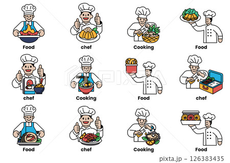 A series of cartoon chefs are shown in various stages of preparing food 126383435