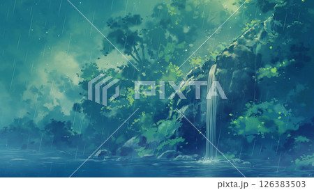 雨が降る小さな滝の風景、アニメ風 雨が降る小さな滝の風景、アニメ風 126383503