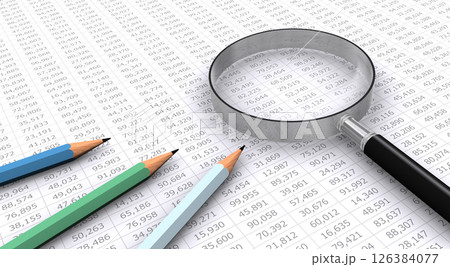 数字データと虫メガネと鉛筆、ビジネス業績の検証やデータ分析のイメージ 126384077