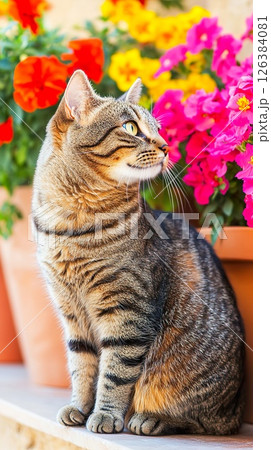 A striped cat rests near vibrant red yellow pink blossoms in pots 126384081