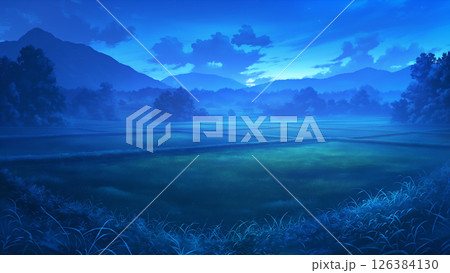 夜の水田の風景、アニメ風 夜の水田の風景、アニメ風 126384130