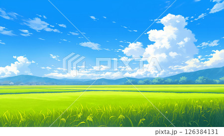 夏の水田の風景、アニメ風 夏の水田の風景、アニメ風 126384131