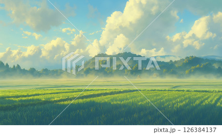 広い水田の風景、アニメ風 126384137