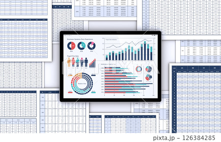 ビジネス資料とデータを表示するタブレットPC、データ分析・検討のイメージ ビジネス資料とデータを表示するタブレットPC、データ分析・検討のイメージ 126384285