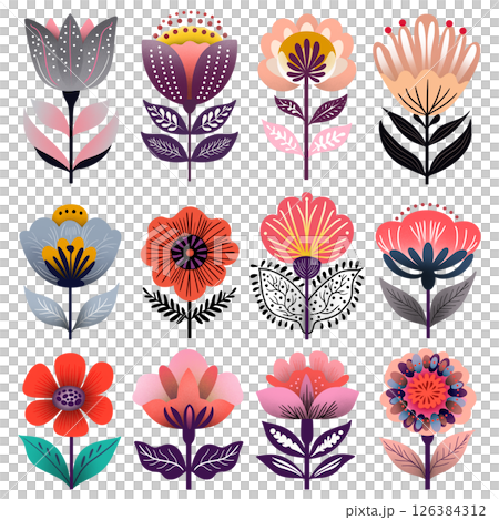Collection of abstract decorative flower illustrations in modern flat style, Colorful floral design elements isolated on white background, Perfect for spring, summer, folk art themes 126384312