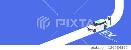 EV Technology illustration showing an electric vehicle charging at a station on a curved road, symbolizing innovation, clean energy, and sustainable transportation. EV Technology illustration showing an electric vehicle charging at a station on a curved road, symbolizing innovation, clean energy, and sustainable transportation. 126384333