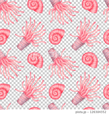 Seamless pattern with peach sea corals and shells. Watercolor illustration. Sea anemones with tentacles and spiral shell. Drawn individually isolated background. Art for marine theme, fabric, textile Seamless pattern with peach sea corals and shells. Watercolor illustration. Sea anemones with tentacles and spiral shell. Drawn individually isolated background. Art for marine theme, fabric, textile 126384352