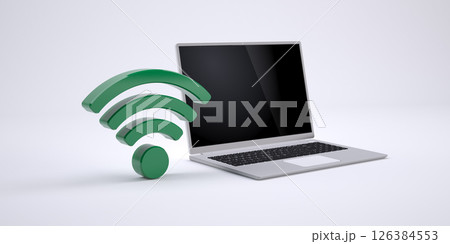 ノートパソコンとWi-Fiアイコン、Wi-Fi通信のイメージ 126384553