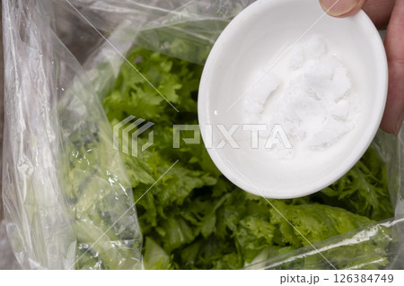 獲れたてわさび菜の浅漬けを作る工程 126384749