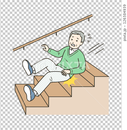 階段で足を滑らせて転落し尻もちをつく高齢男性 階段で足を滑らせて転落し尻もちをつく高齢男性 126384939