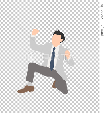 しゃがんでガッツポーズするビジネスマン（黒髪・グレージャケット） 126385210