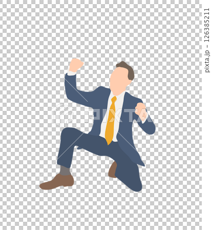 A businessman squatting and posing for his fist (young, navy suit) 126385211