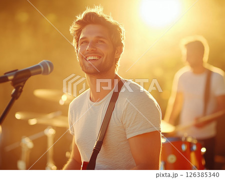 Smiling musician performs on stage during sunset in outdoor festival atmosphere 126385340
