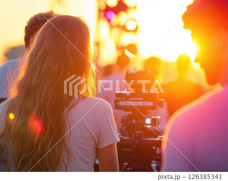 Filmmaker captures sunset beauty during a music festival in an outdoor setting 126385341