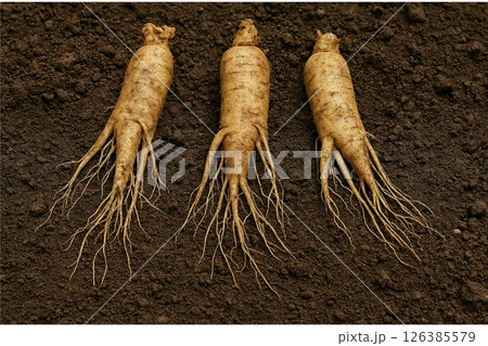 収穫された高麗人参の根 ― 薬効豊かな自然の恵み イラスト 収穫された高麗人参の根 ― 薬効豊かな自然の恵み イラスト 126385579
