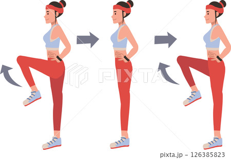 Active woman doing step workout exercise for fitness, cardio, and strength training indoors 126385823