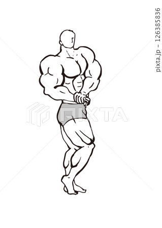 サイドチェスト　ボディビル 筋肉 人物 ポーズ　線画 イラスト 126385836