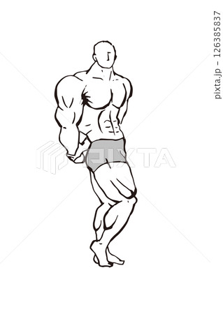 サイドトライセップス　ボディビル 筋肉 人物 ポーズ　線画 イラスト 126385837