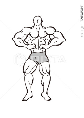 フロントラットスプレッド　ボディビル 筋肉 人物 ポーズ　線画 イラスト 126385841