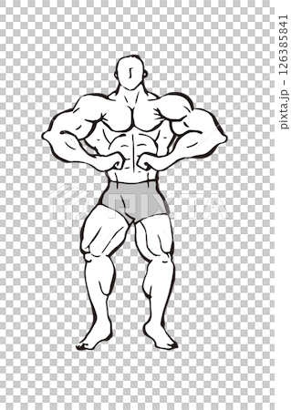 フロントラットスプレッド　ボディビル 筋肉 人物 ポーズ　線画 イラスト 126385841