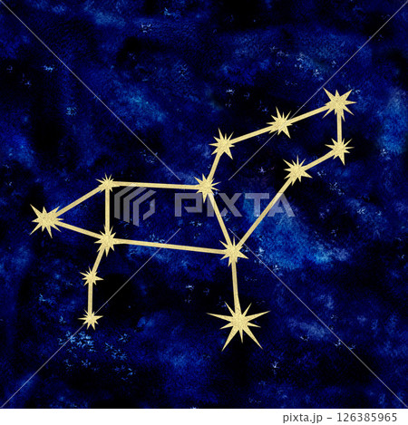 Leo constellation with gold foil texture on dark blue galaxy background with celestial, artistic feel. Watercolor hand drawn illustration template for astrology designs, cards, calendars, horoscopes Leo constellation with gold foil texture on dark blue galaxy background with celestial, artistic feel. Watercolor hand drawn illustration template for astrology designs, cards, calendars, horoscopes 126385965