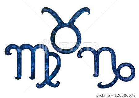 Set of three dark blue earth element zodiac signs: Taurus, Virgo, Capricorn. Watercolor set of astrological symbols templates isolated on white background for horoscope, astrology, spiritual content 126386075