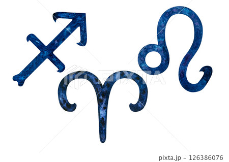 Three dark blue zodiac signs of the Fire element: Aries, Leo, Sagittarius. Watercolor set of astrological symbols isolated on white background for horoscope, astrology, spiritual, birth charts 126386076