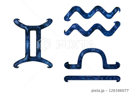 Dark blue zodiac signs of the element Air: Gemini, Libra, Aquarius. Watercolor set of templates of astrological symbols isolated on white background for horoscope, astrology, spiritual, birth charts 126386077