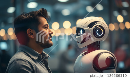 N8n : man and robot face each other in futuristic setting with soft glowing lights creating thoughtful atmosphere N8n : man and robot face each other in futuristic setting with soft glowing lights creating thoughtful atmosphere 126386310