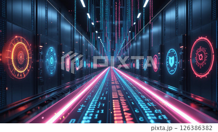 N8n : sleek neonlit corridor with glowing digital data streams and futuristic holographic security icons creates vibrant cyber technology 126386382