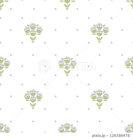 Blue folk art vector ornament, flower and heart seamless border naive pattern on dotted white background. Vector cute cartoon hand drawn illustration. Ideal for textile print, kids wear, wallpaper 126386478