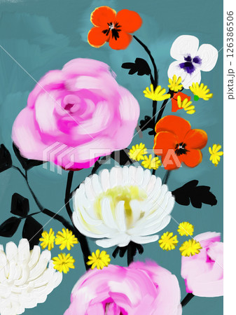 薔薇と白いマムとパンジーの油絵 126386506