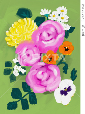 薔薇と菊とパンジーと小花の油絵イラスト 126386508