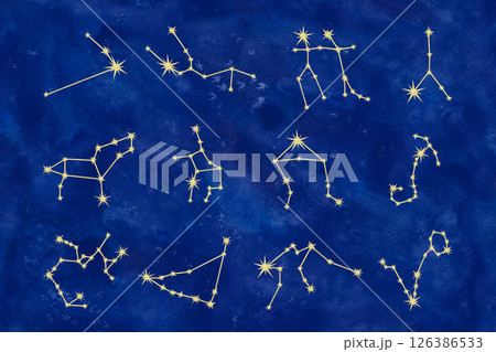 12 gold zodiac constellations on dark blue galaxy background for horoscope. Watercolor hand drawn illustration template for astrology designs, calendars, astrology, 2spiritual content, birth charts, 126386533