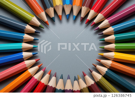 Creatively Arranged Colorful Pencils in a Circular Pattern 126386745