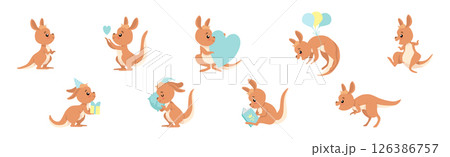 Funny Brown Kangaroo Cub Australian Animal Character in Different Pose Vector Set 126386757