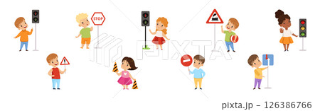 Cute Boys and Girls Learning Traffic Rules Vector Set 126386766